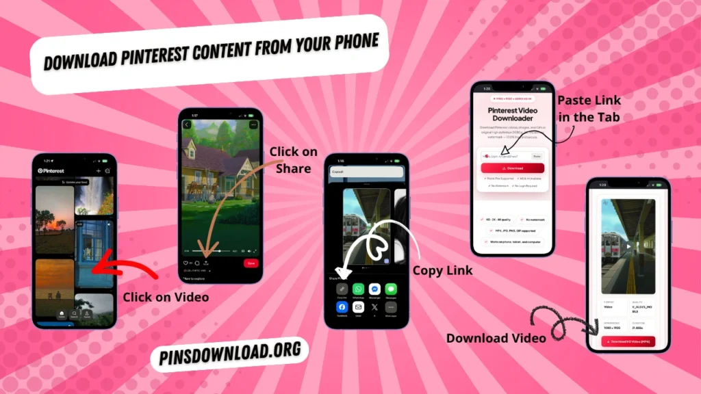 How to download Pinterest videos using PinsDownload by copying a Pinterest video link, pasting it into the downloader, and downloading the video using phone.