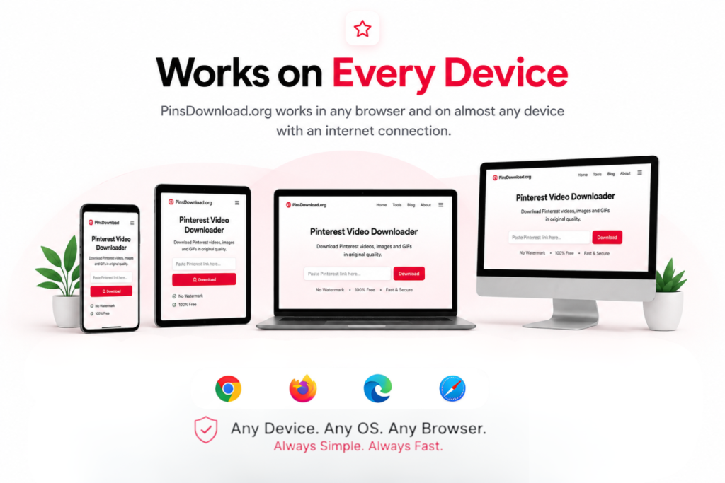 PinsDownload.org Pinterest video downloader displayed on a smartphone, tablet, laptop, and desktop computer, showing cross-device browser compatibility.