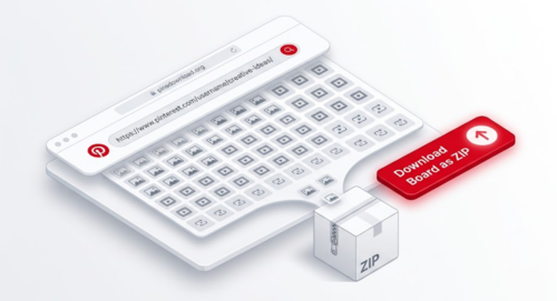Graphic illustrating how to download up to 100 pins from a Pinterest board as a single ZIP archive on PinsDownload