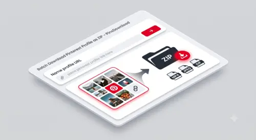 Graphic illustrating a Pinterest profile URL converted into a batch ZIP download on PinsDownload