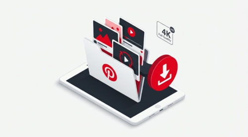 3D illustration showing a Pinterest board with multiple pins downloading in full original quality via PinsDownload