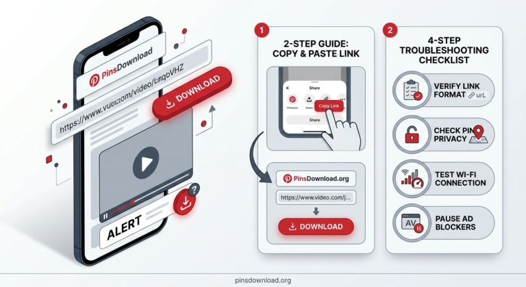 Troubleshooting guide illustration on PinsDownload showing fixes for failed Pinterest video downloads