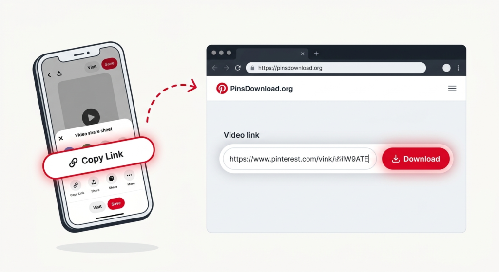 Step-by-step graphic showing how to copy a Pinterest video link and paste it into PinsDownload