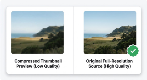 Side-by-side comparison diagram showing a blurry compressed Pinterest thumbnail versus a full quality original download