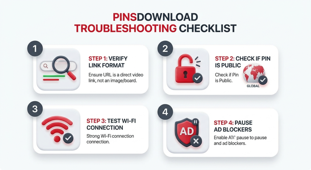 Quick troubleshooting checklist infographic for downloading Pinterest videos on PinsDownload