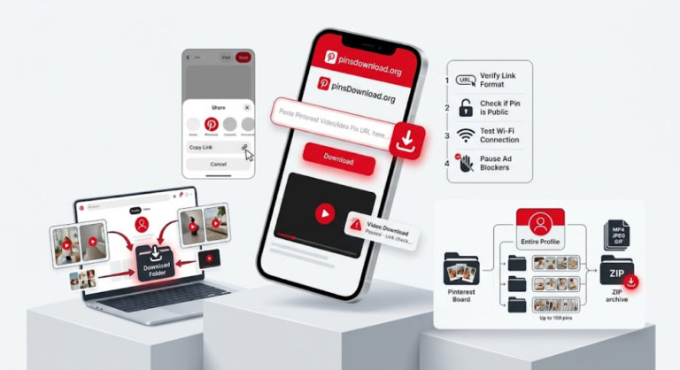 3D illustration comparing Pinterest Story Pins and Idea Pins with a download button on PinsDownload